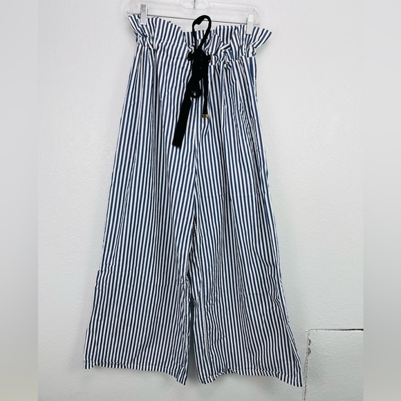 Mother Of Pearl No Frills Blue Striped Tall High Waisted WidE Leg Ruffle Pants - Picture 2 of 8